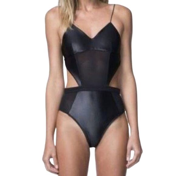 Koral Faux Leather Mesh Cut Out One Piece Swimsuit - Picture 1 of 13